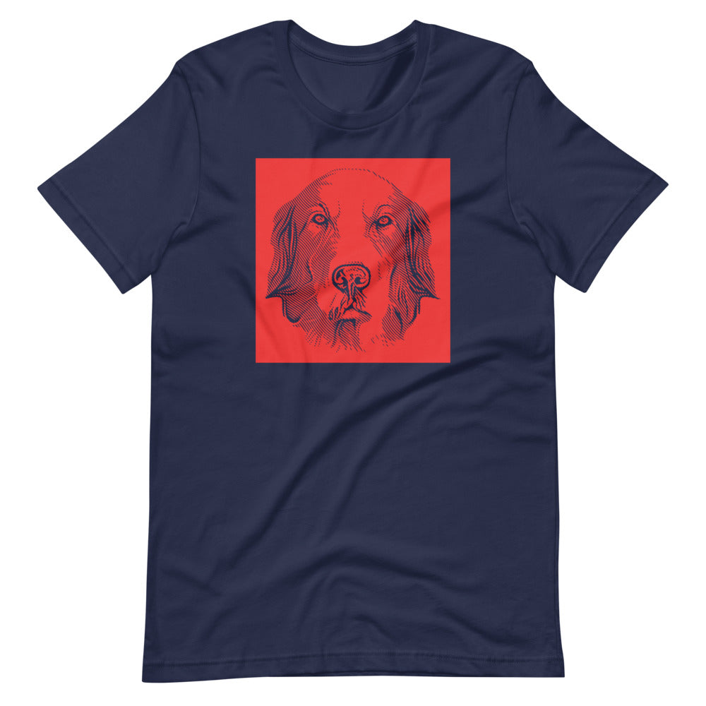 Golden Retriever face halftone with red background square on unisex navy t-shirt