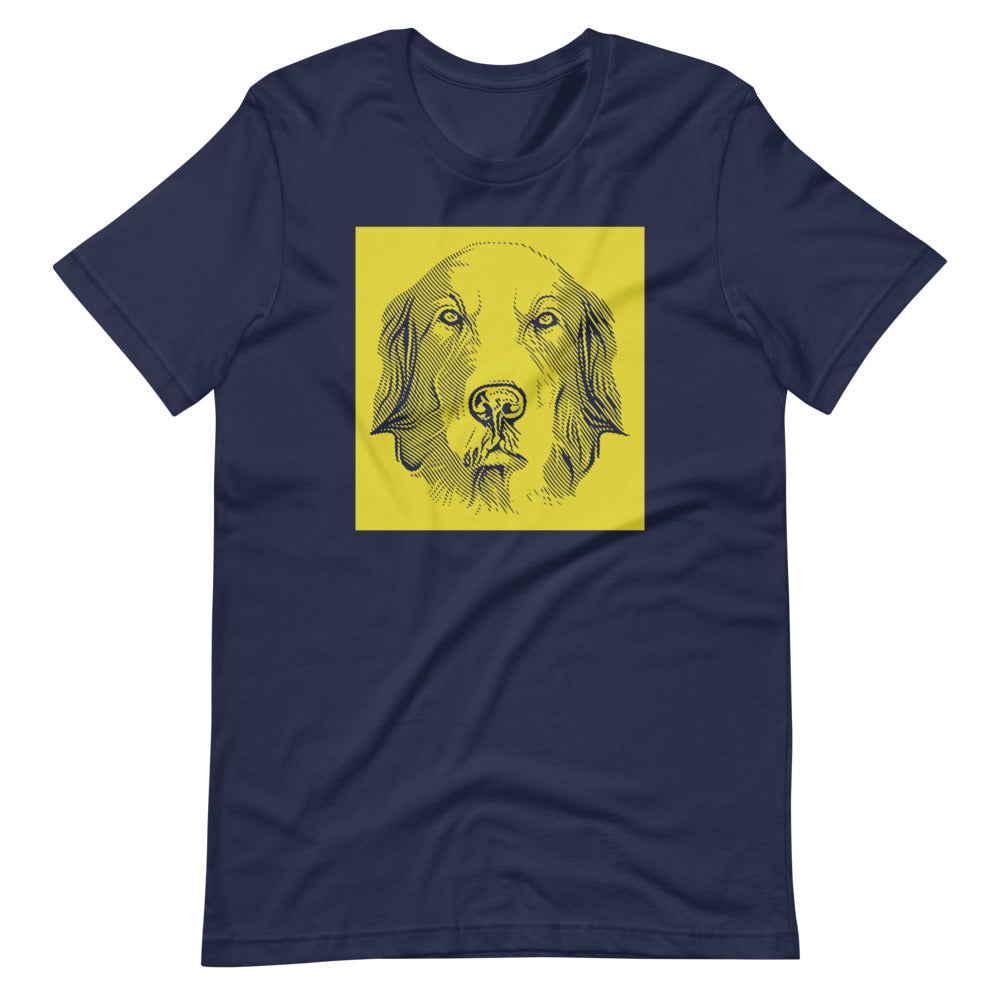 Golden Retriever face halftone with yellow background square on unisex navy t-shirt