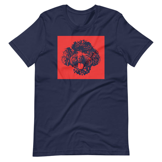 Toy Poodle face silhouette with red background square on unisex navy t-shirt