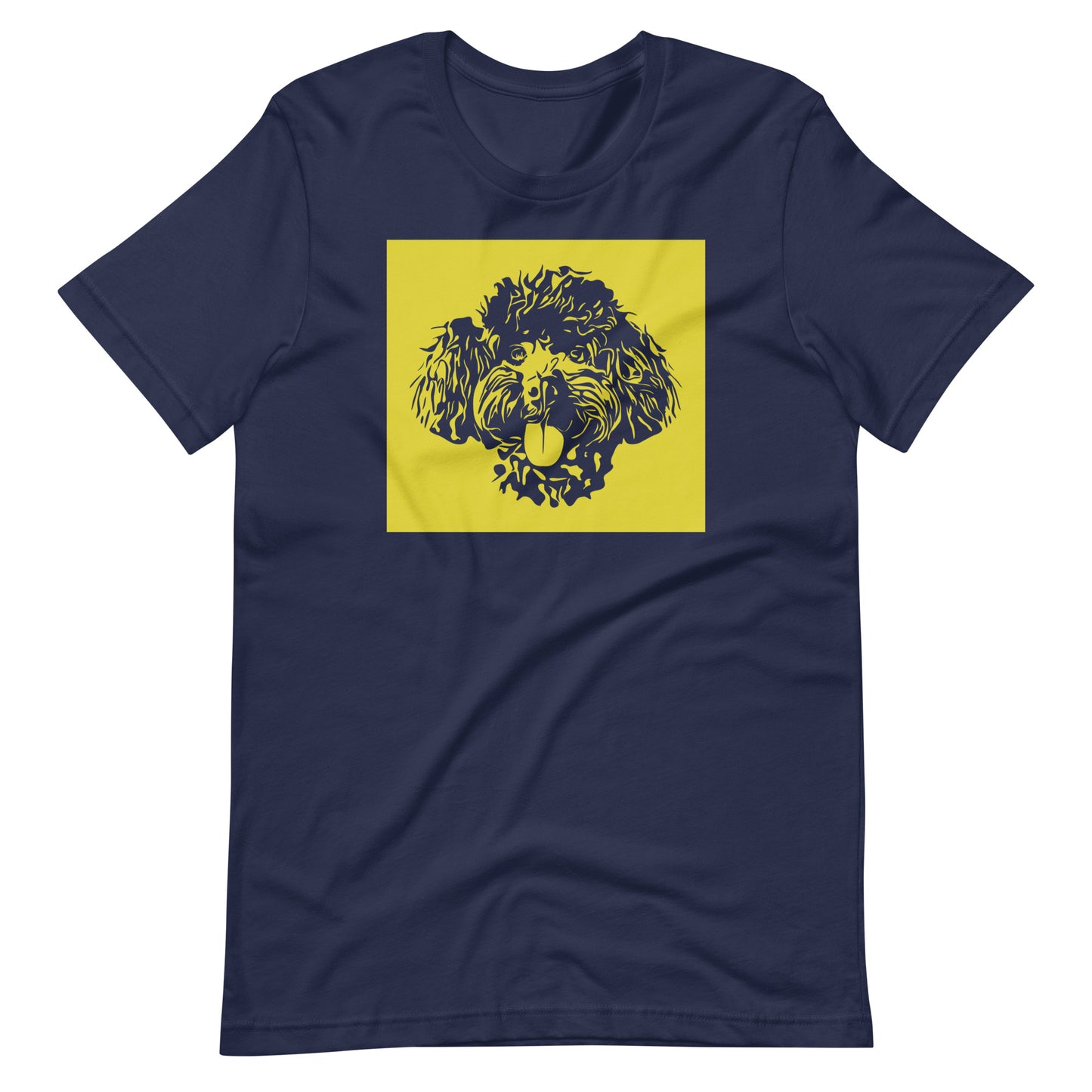 Toy Poodle face silhouette with yellow background square on unisex navy t-shirt
