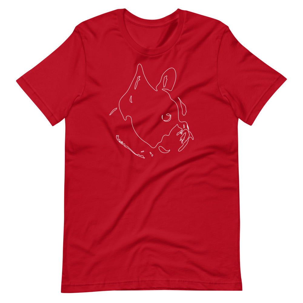 White line French Bulldog face on unisex red t-shirt
