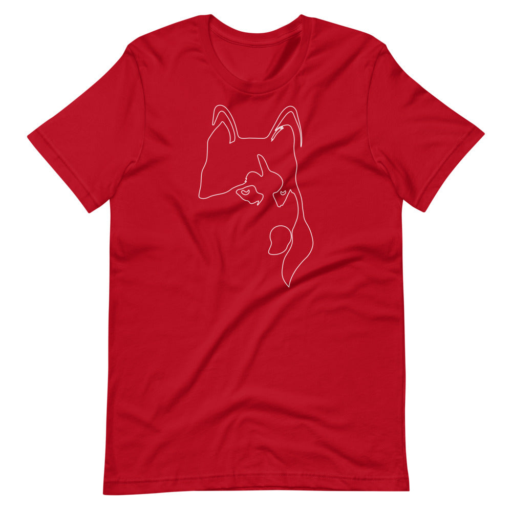 White line Siberian Husky face on unisex red t-shirt