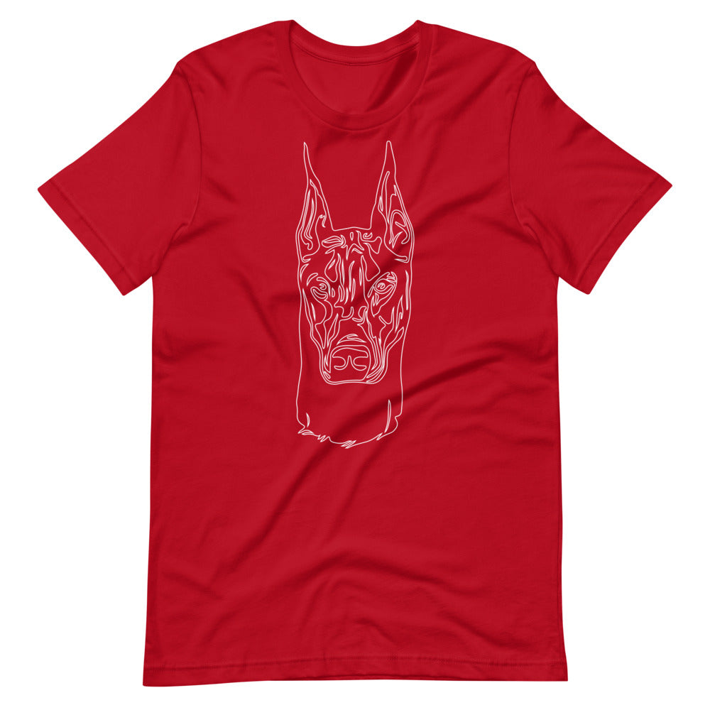 White line Doberman face on unisex red t-shirt
