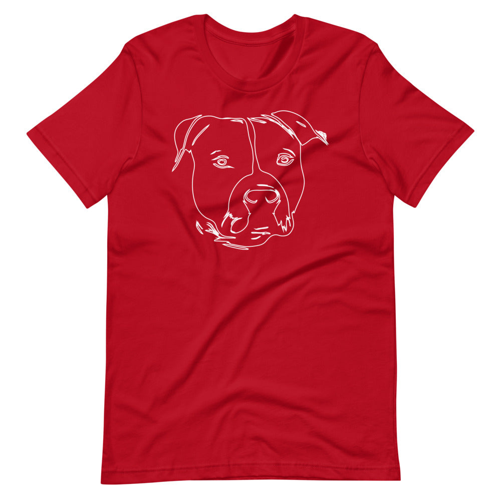 White line American Staffordshire face on unisex red t-shirt