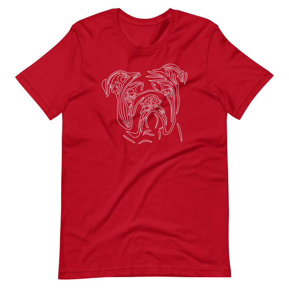 White line Bulldog face on unisex red t-shirt