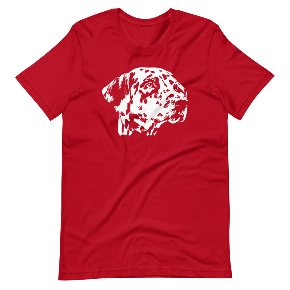 White Dalmatian face silhouette on unisex red t-shirt