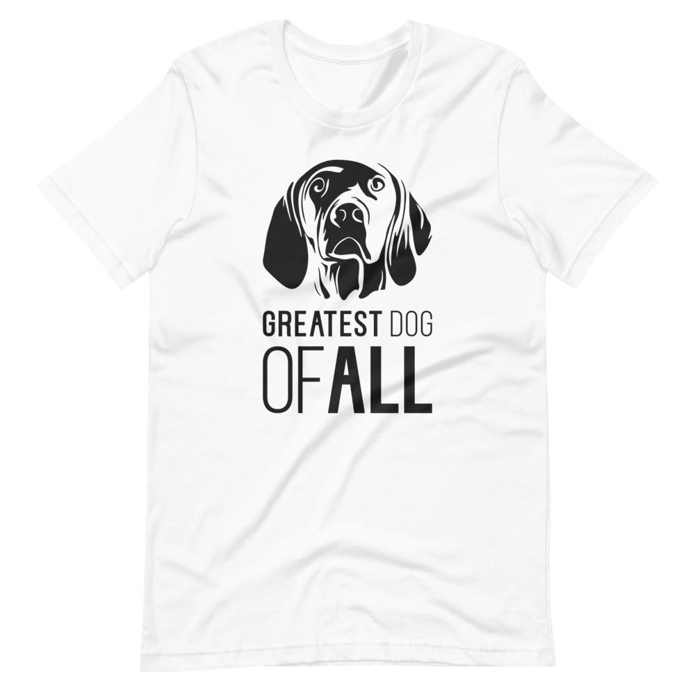Black Vizsla face silhouette with Greatest Dog of All caption on unisex white t-shirt