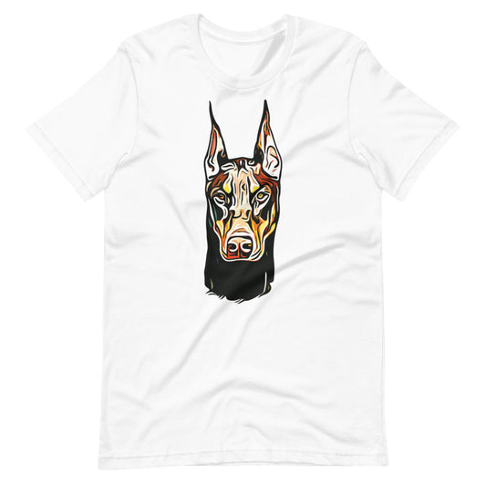 Colored Doberman face silhouette on unisex white t-shirt