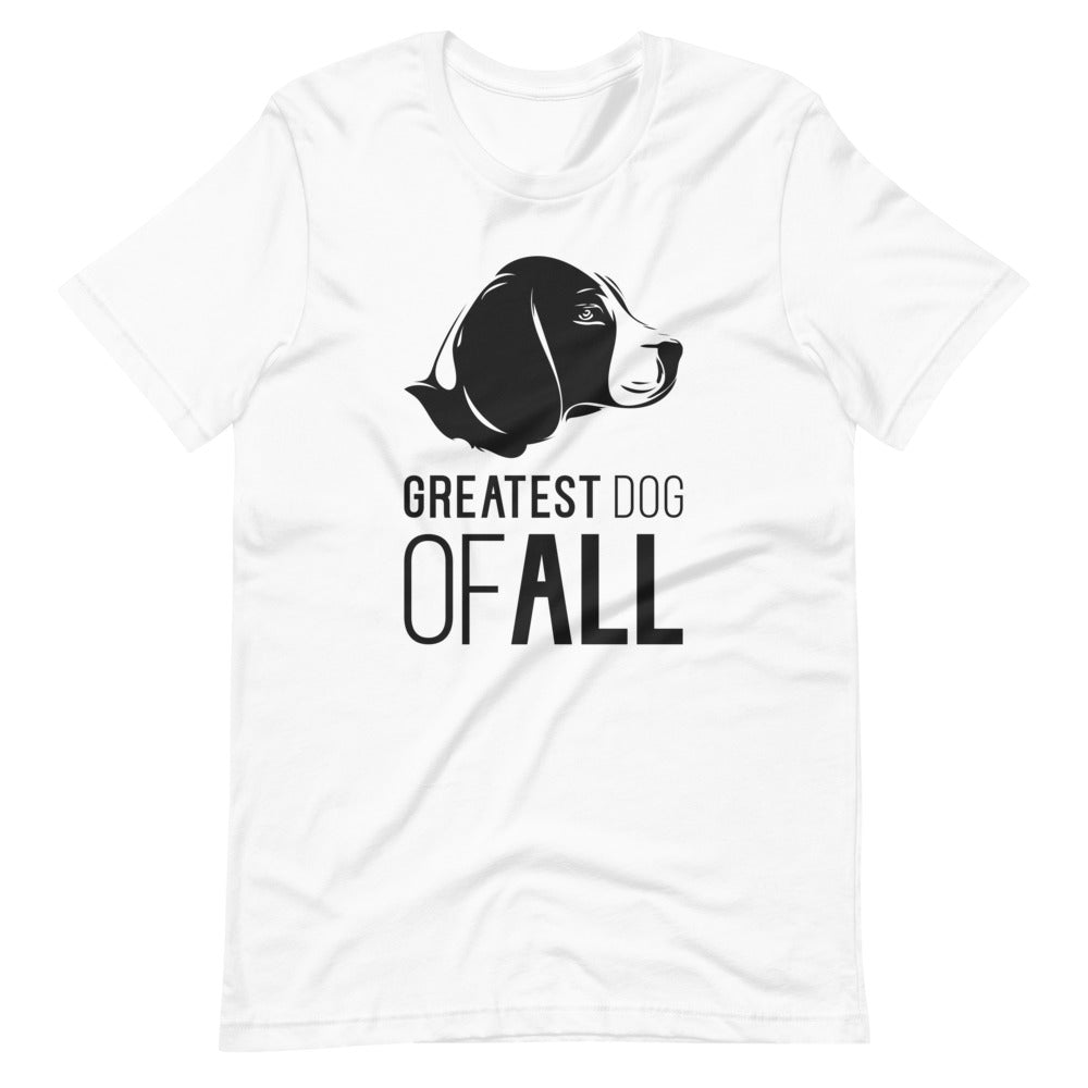 Black Beagle face silhouette with Greatest Dog of All caption on unisex white t-shirt