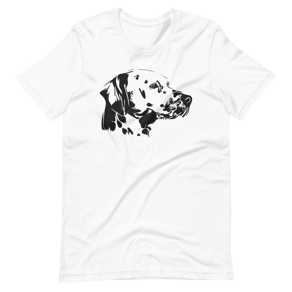 Black Dalmatian face silhouette on unisex white t-shirt