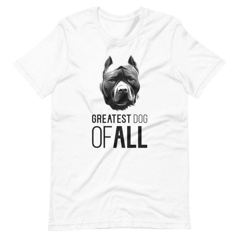 Black Pit Bull face silhouette with Greatest Dog of All caption on unisex white t-shirt