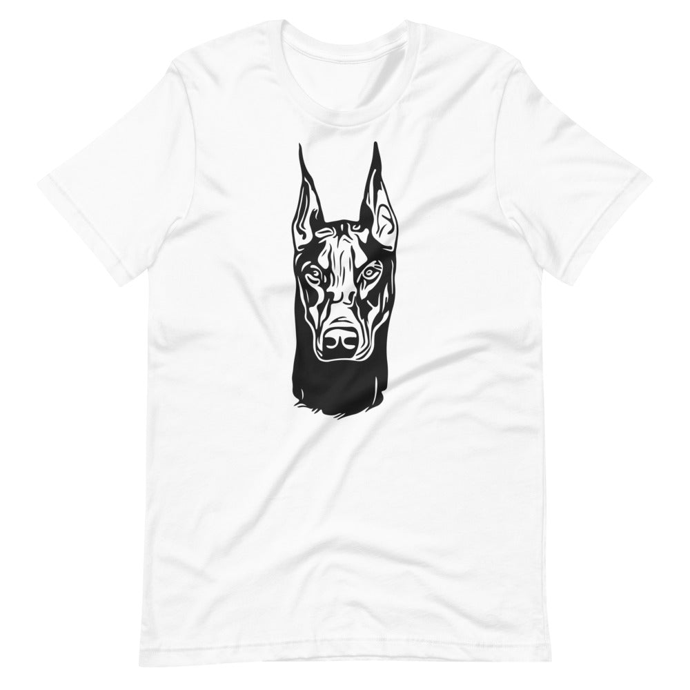 Black Doberman face silhouette on unisex white t-shirt