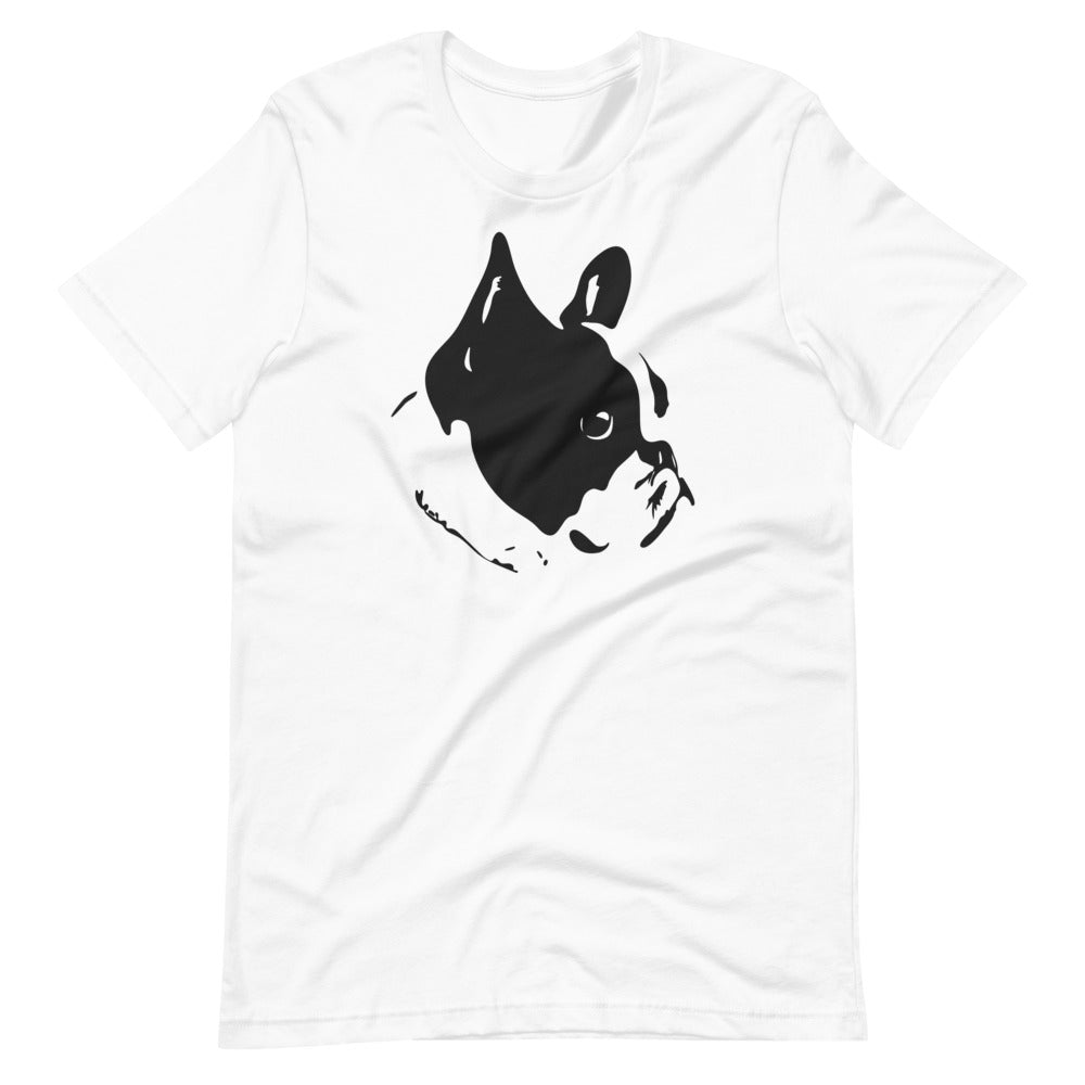 Black French Bulldog face silhouette on unisex white t-shirt