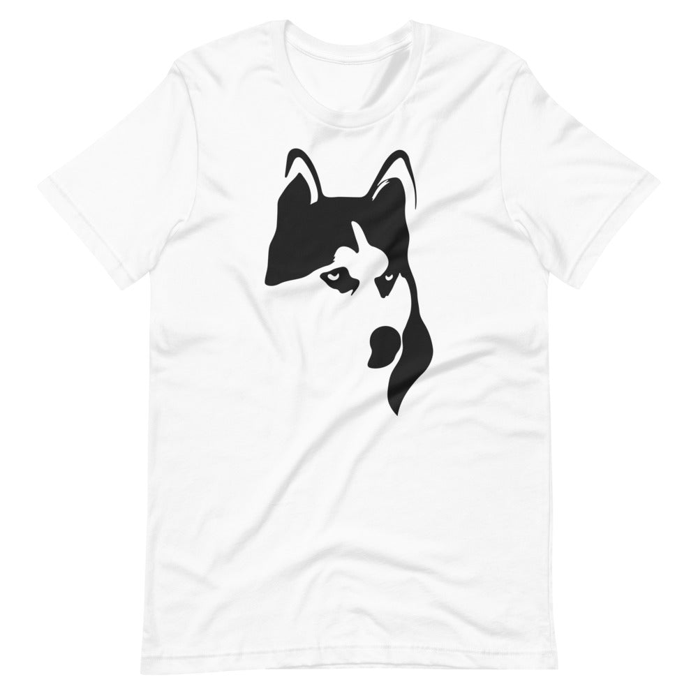 Black Siberian Husky face silhouette on unisex white t-shirt