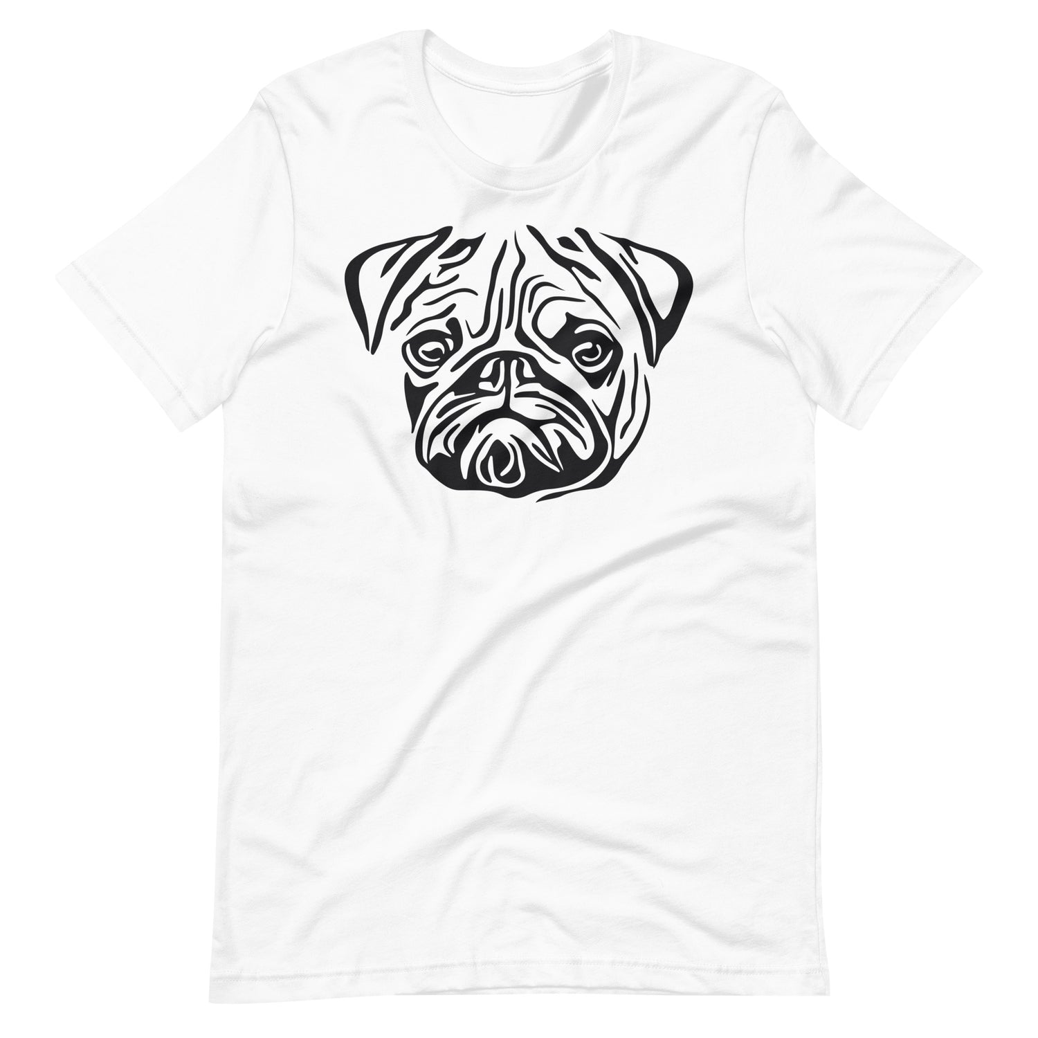 Black Pug face silhouette on unisex white t-shirt