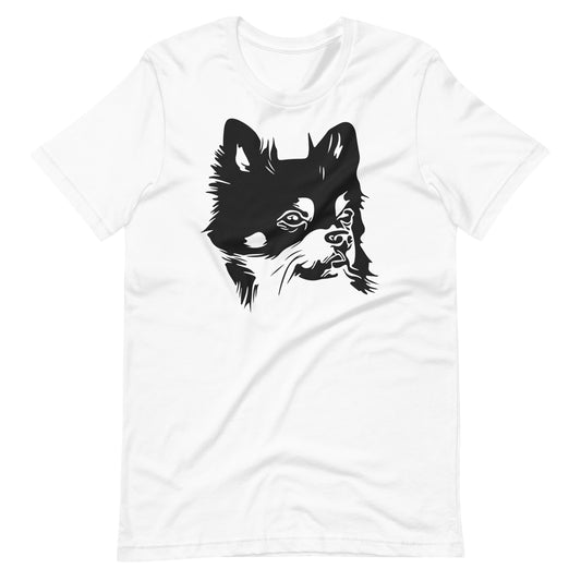 Black Chihuahua face silhouette looks sideways on unisex white t-shirt