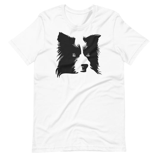 Black Border Collie face silhouette on unisex white t-shirt