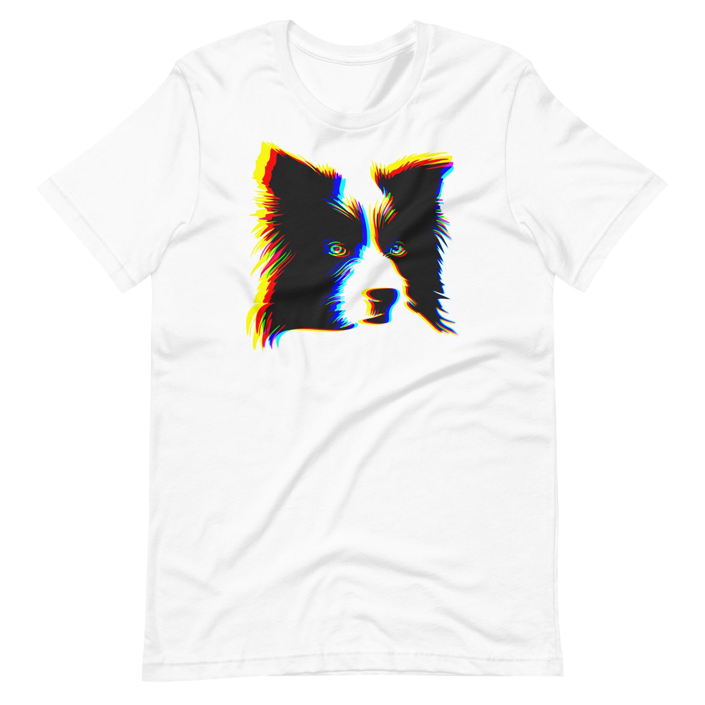 Anaglyph Border Collie face on unisex white t-shirt